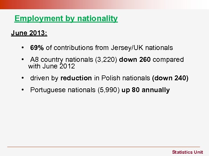 Employment by nationality June 2013: • 69% of contributions from Jersey/UK nationals • A