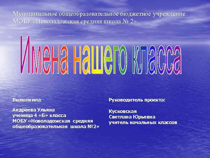 Муниципальное общеобразовательное бюджетное учреждение МОБУ «Новоладожская средняя школа № 2» Выполнила: Руководитель проекта: Андреева