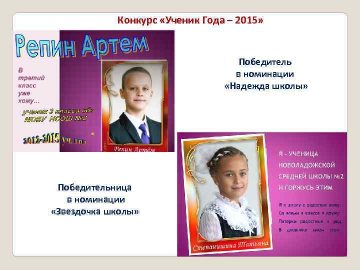Конкурс «Ученик Года – 2015» Победитель в номинации «Надежда школы» Победительница в номинации «Звездочка