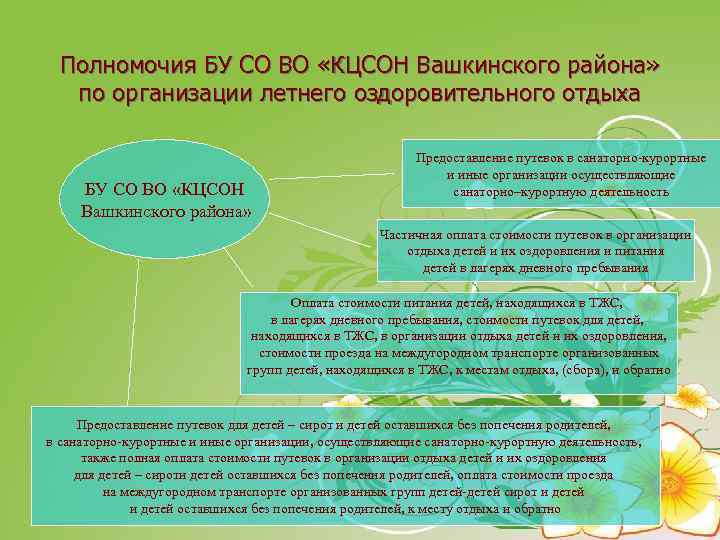 Полномочия БУ СО ВО «КЦСОН Вашкинского района» по организации летнего оздоровительного отдыха БУ СО