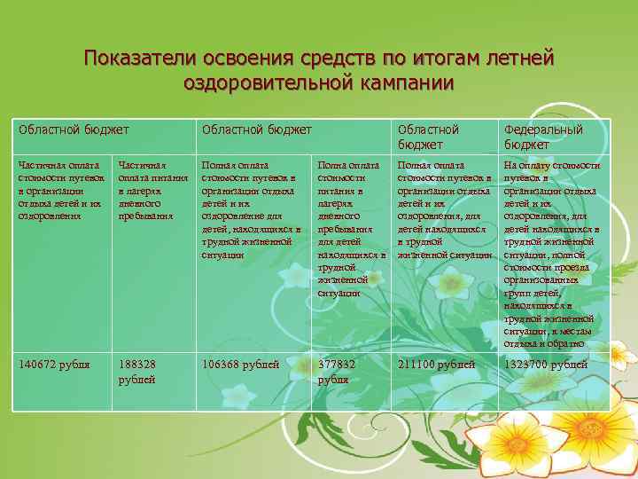 Показатели освоения средств по итогам летней оздоровительной кампании Областной бюджет Частичная оплата стоимости путевок
