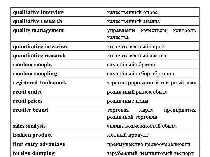 qualitative interview качественный опрос qualitative research качественный анализ quality management управление качеством; контроль качества