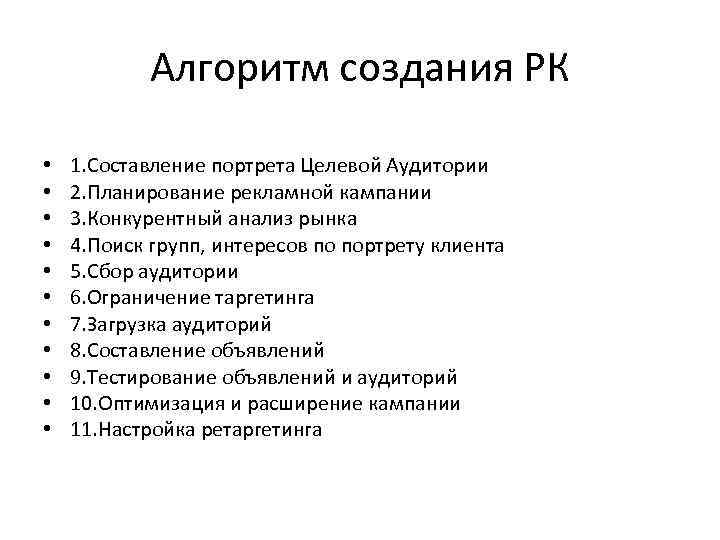 Алгоритм создания РК • • • 1. Составление портрета Целевой Аудитории 2. Планирование рекламной