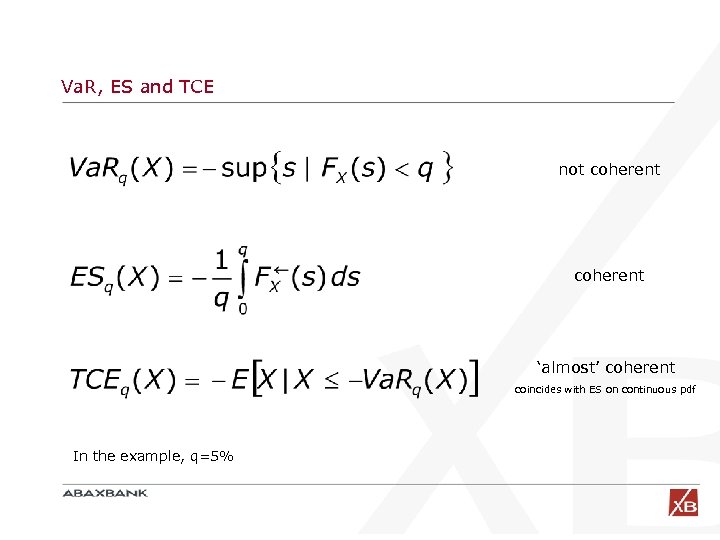 Va. R, ES and TCE not coherent ‘almost’ coherent coincides with ES on continuous