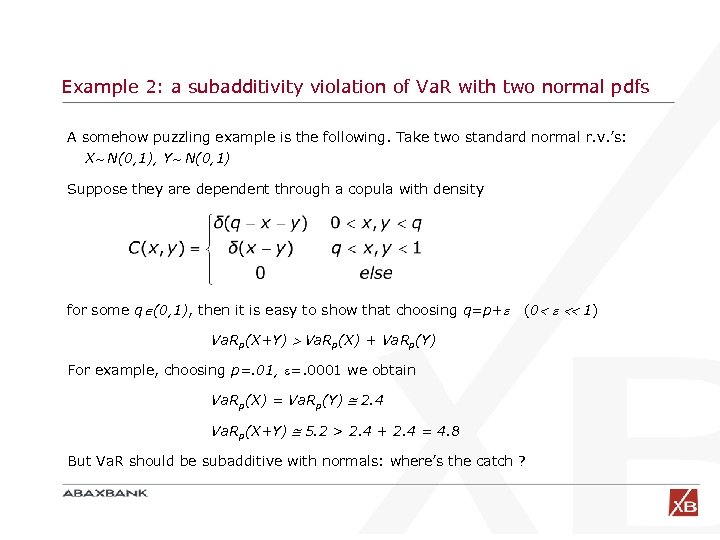 Example 2: a subadditivity violation of Va. R with two normal pdfs A somehow