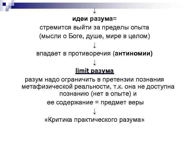 ↓ идеи разума= стремится выйти за пределы опыта (мысли о Боге, душе, мире в