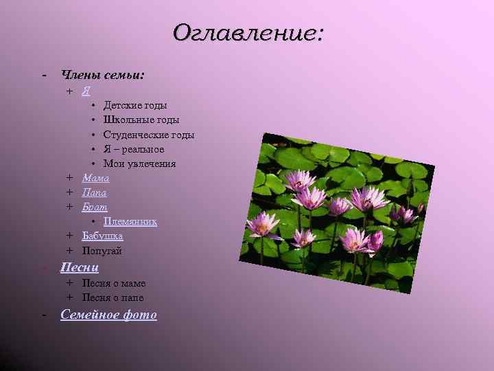 Оглавление: - Члены семьи: + Я + + + • Детские годы • Школьные