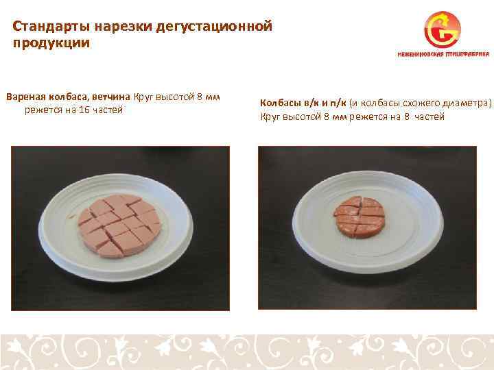 Стандарты нарезки дегустационной продукции Вареная колбаса, ветчина Круг высотой 8 мм режется на 16