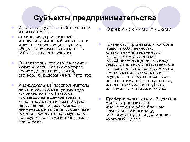 Субъекты предпринимательства l l И н д и в и д у а л