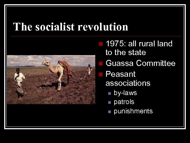 The socialist revolution 1975: all rural land to the state n Guassa Committee n
