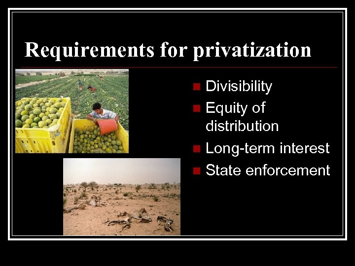 Requirements for privatization Divisibility n Equity of distribution n Long-term interest n State enforcement