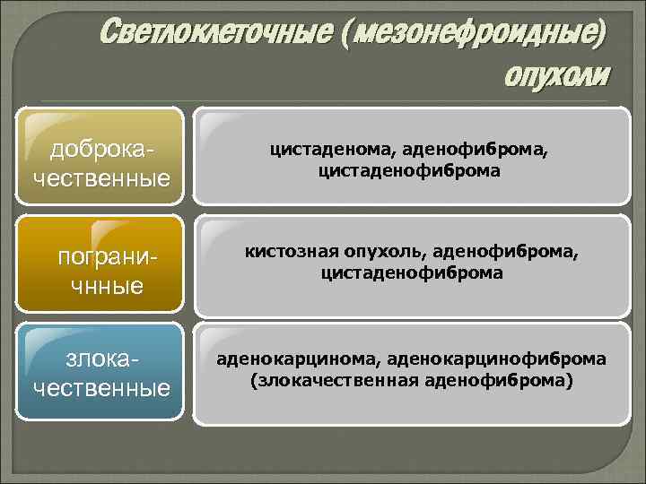 Светлоклеточные (мезонефроидные) опухоли доброкачественные пограничнные злокачественные цистаденома, аденофиброма, цистаденофиброма кистозная опухоль, аденофиброма, цистаденофиброма аденокарцинома,
