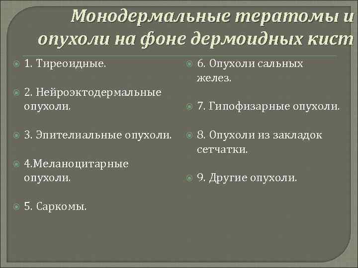 Монодермальные тератомы и опухоли на фоне дермоидных кист 1. Тиреоидные. 6. Опухоли сальных желез.