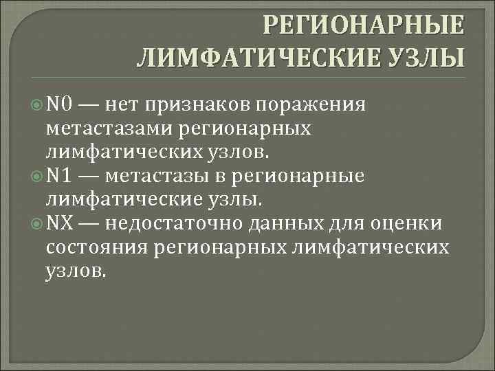 РЕГИОНАРНЫЕ ЛИМФАТИЧЕСКИЕ УЗЛЫ N 0 — нет признаков поражения метастазами регионарных лимфатических узлов. N
