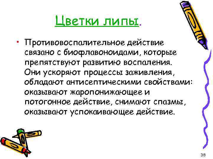 Цветки липы. • Противовоспалительное действие связано с биофлавоноидами, которые препятствуют развитию воспаления. Они ускоряют