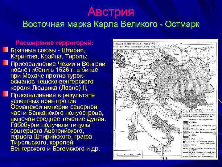 Австрия Восточная марка Карла Великого - Остмарк Расширение территорий: Брачные союзы - Штирия, Каринтия,