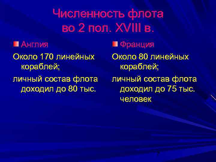 Численность флота во 2 пол. XVIII в. Англия Около 170 линейных кораблей; личный состав