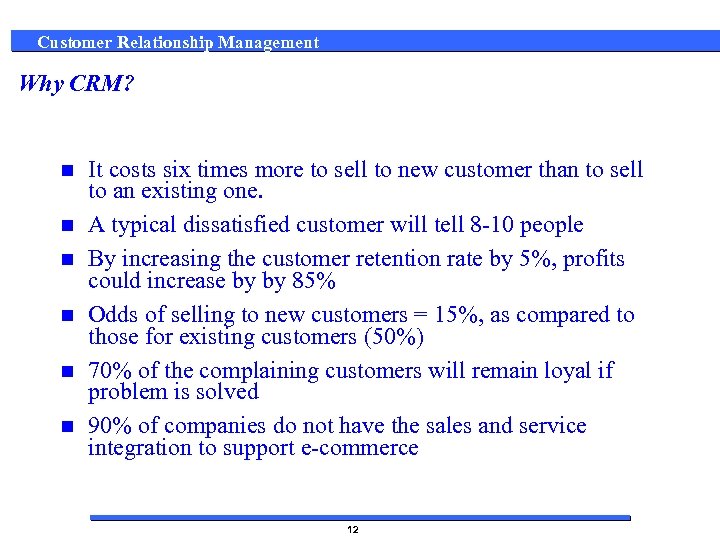 Customer Relationship Management Why CRM? n n n It costs six times more to