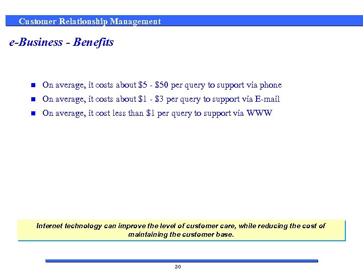 Customer Relationship Management e-Business - Benefits n On average, it costs about $5 -