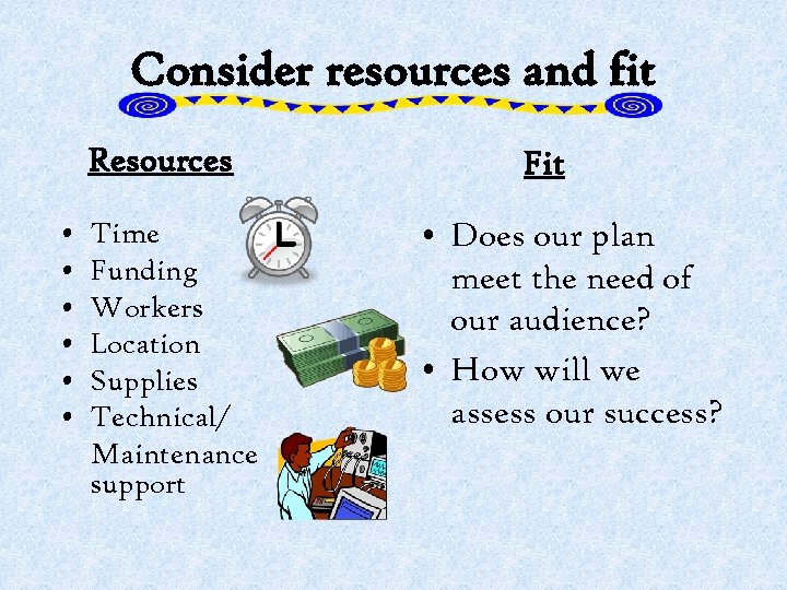 Consider resources and fit Resources • • • Time Funding Workers Location Supplies Technical/