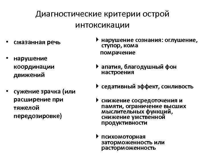 Диагностические критерии острой интоксикации • смазанная речь • нарушение координации движений • сужение зрачка