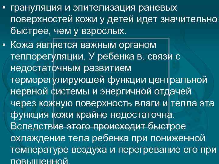  • грануляция и эпителизация раневых поверхностей кожи у детей идет значительно быстрее, чем