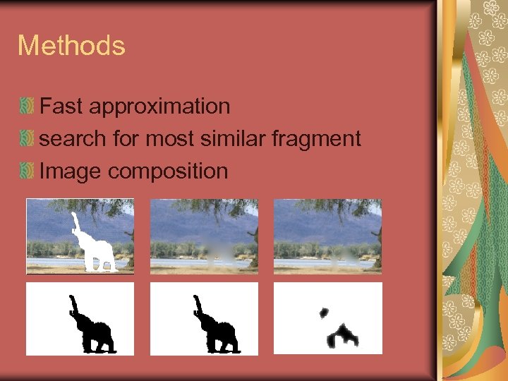 Methods Fast approximation search for most similar fragment Image composition 