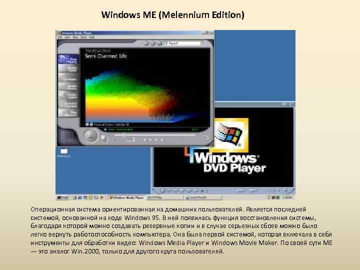 Windows ME (Melennium Edition) Операционная система ориентированная на домашних пользователей. Является последней системой, основанной