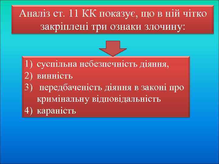 Аналіз ст. 11 КК показує, що в ній чітко закріплені три ознаки злочину: 1)
