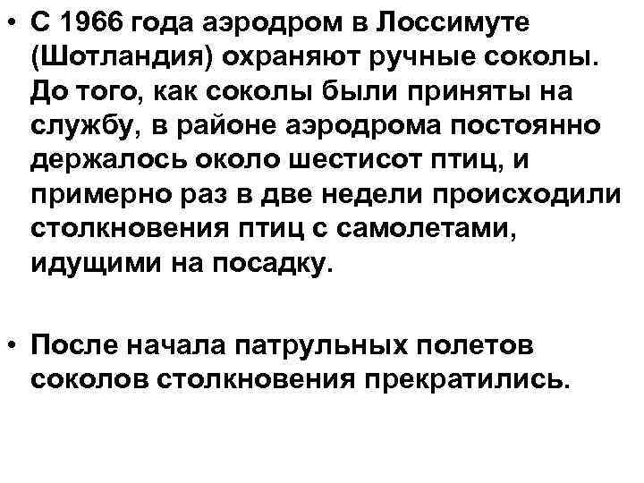  • С 1966 года аэродром в Лоссимуте (Шотландия) охраняют ручные соколы. До того,