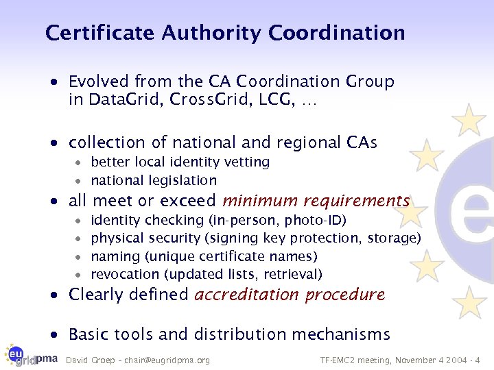 Certificate Authority Coordination · Evolved from the CA Coordination Group in Data. Grid, Cross.