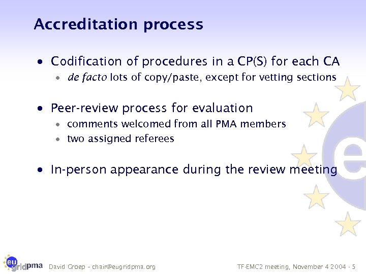 Accreditation process · Codification of procedures in a CP(S) for each CA · de