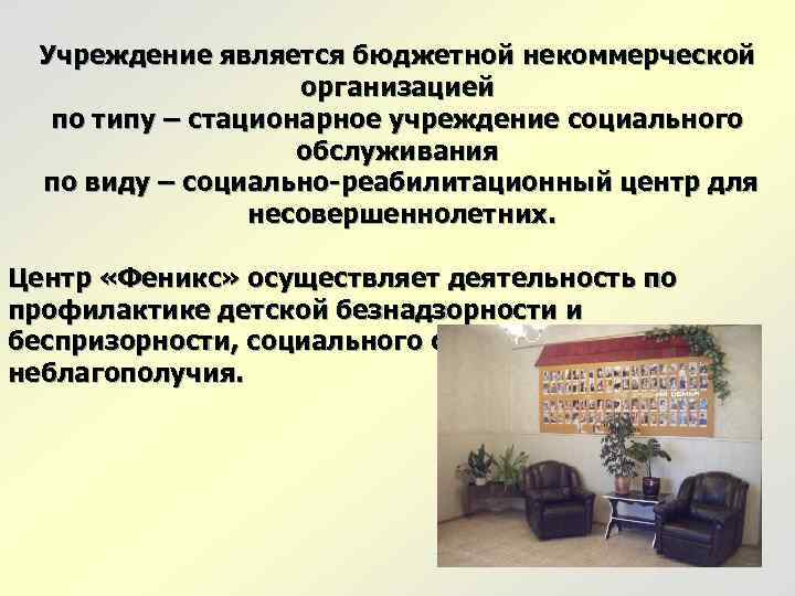 Учреждение является бюджетной некоммерческой организацией по типу – стационарное учреждение социального обслуживания по виду