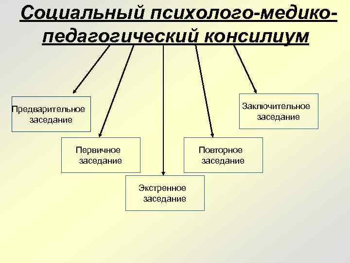 Социальный психолого-медикопедагогический консилиум Заключительное заседание Предварительное заседание Первичное заседание Повторное заседание Экстренное заседание 