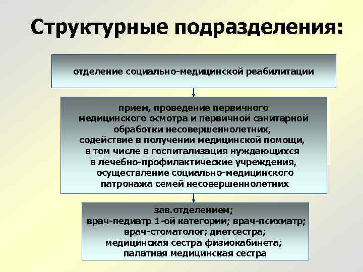 Структурные подразделения: отделение социально-медицинской реабилитации прием, проведение первичного медицинского осмотра и первичной санитарной обработки