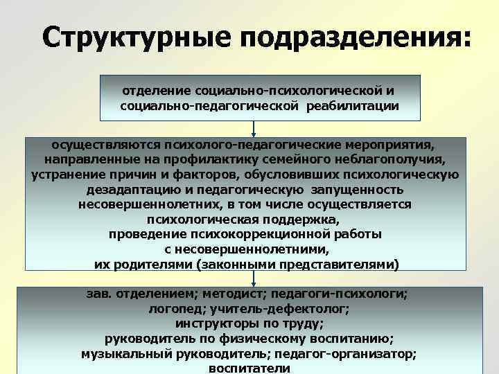 Структурные подразделения: отделение социально-психологической и социально-педагогической реабилитации осуществляются психолого-педагогические мероприятия, направленные на профилактику семейного