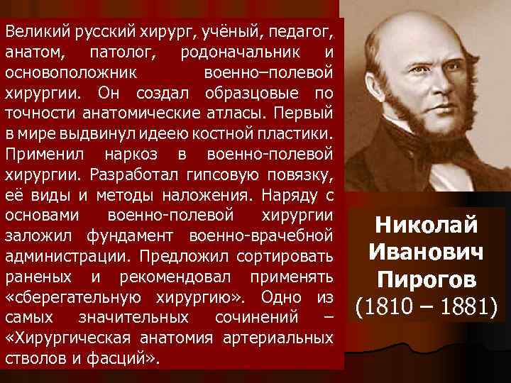 Великий русский врач пирогов впр. Великие ученые анатомы. Ученые по анатомии. Ученые анатомах и физиологах. Родоначальник полевой хирургии.