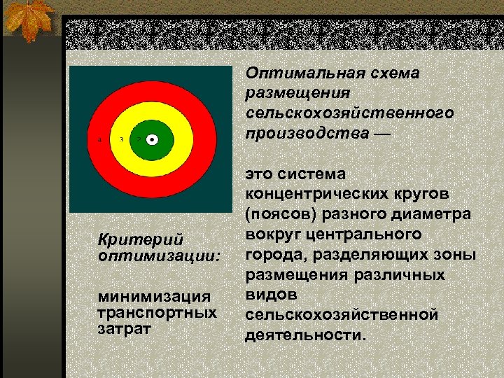 Оптимальная схема размещения сельскохозяйственного производства — Критерий оптимизации: минимизация транспортных затрат это система концентрических