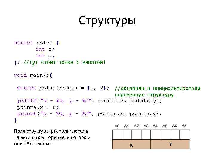Структуры struct point { int x; int у; }; //Тут стоит точка с запятой!