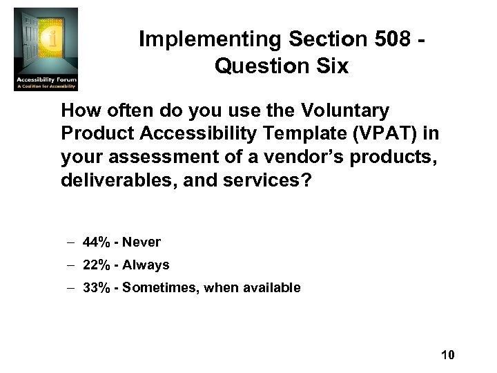 Implementing Section 508 Question Six How often do you use the Voluntary Product Accessibility