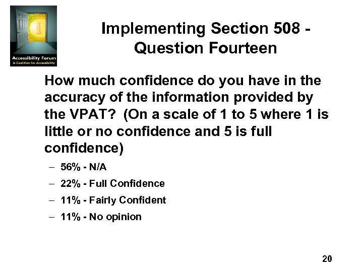 Implementing Section 508 Question Fourteen How much confidence do you have in the accuracy