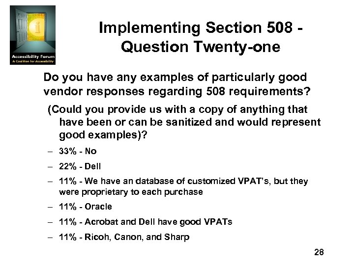 Implementing Section 508 Question Twenty-one Do you have any examples of particularly good vendor