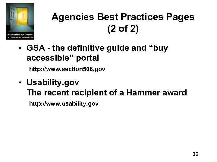 Agencies Best Practices Pages (2 of 2) • GSA - the definitive guide and