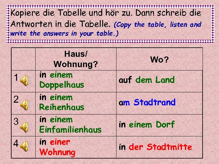 Kopiere die Tabelle und hör zu. Dann schreib die Antworten in die Tabelle. (Copy