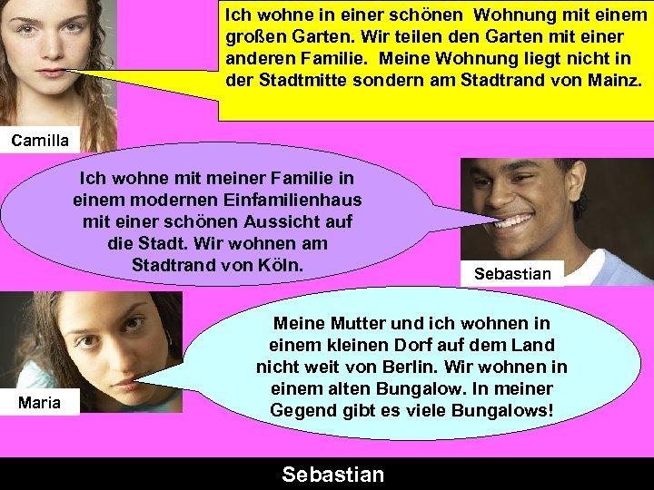 Ich wohne in einer schönen Wohnung mit einem großen Garten. Wir teilen den Garten