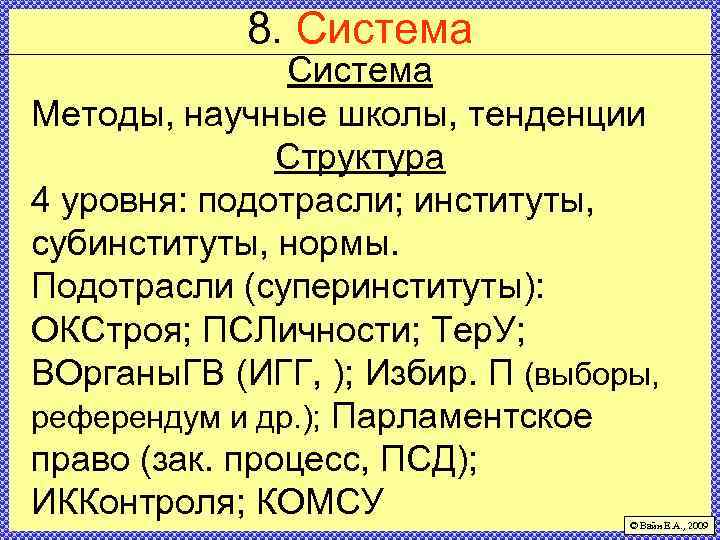 8. Система Методы, научные школы, тенденции Структура 4 уровня: подотрасли; институты, субинституты, нормы. Подотрасли