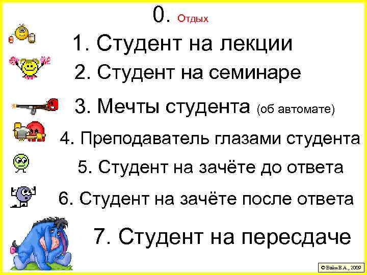 0. Отдых 1. Студент на лекции 2. Студент на семинаре 3. Мечты студента (об