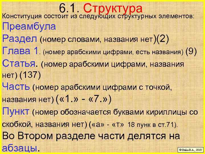 6. 1. следующих структурных элементов: Структура Конституция состоит из Преамбула Раздел (номер словами, названия