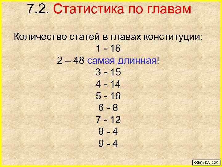 7. 2. Статистика по главам Количество статей в главах конституции: 1 - 16 2