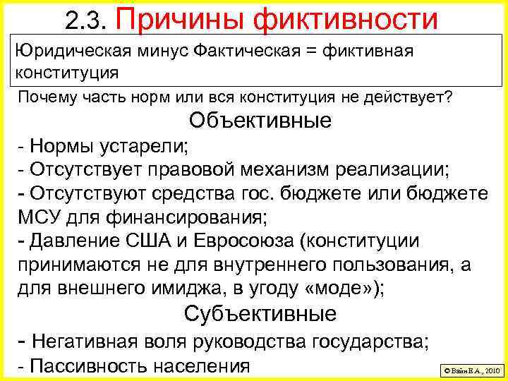 2. 3. Причины фиктивности Юридическая минус Фактическая = фиктивная конституция Почему часть норм или